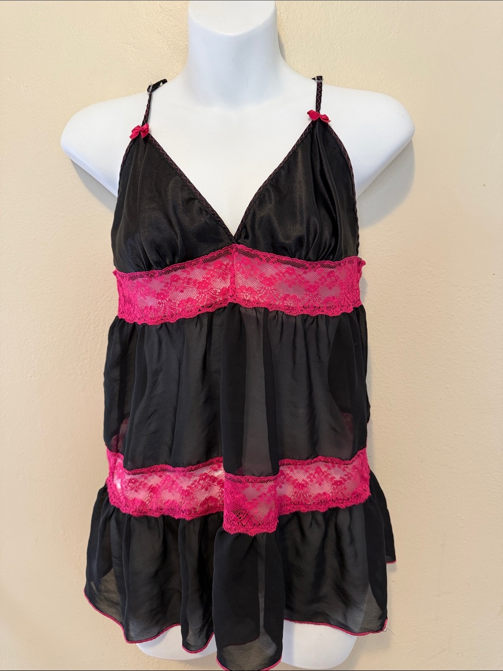 Secret Treasures Black and Hot Pink Lace Babydoll Chemise